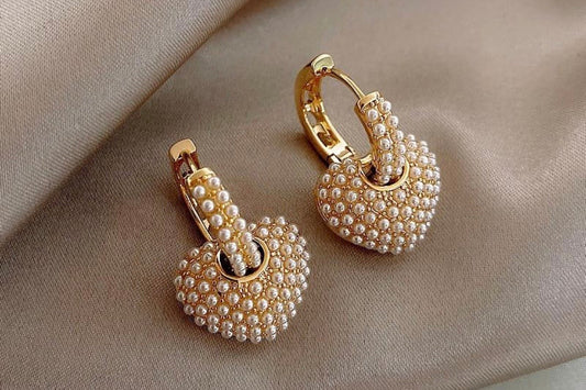 Pearl Heart Drop Hoops – Gold